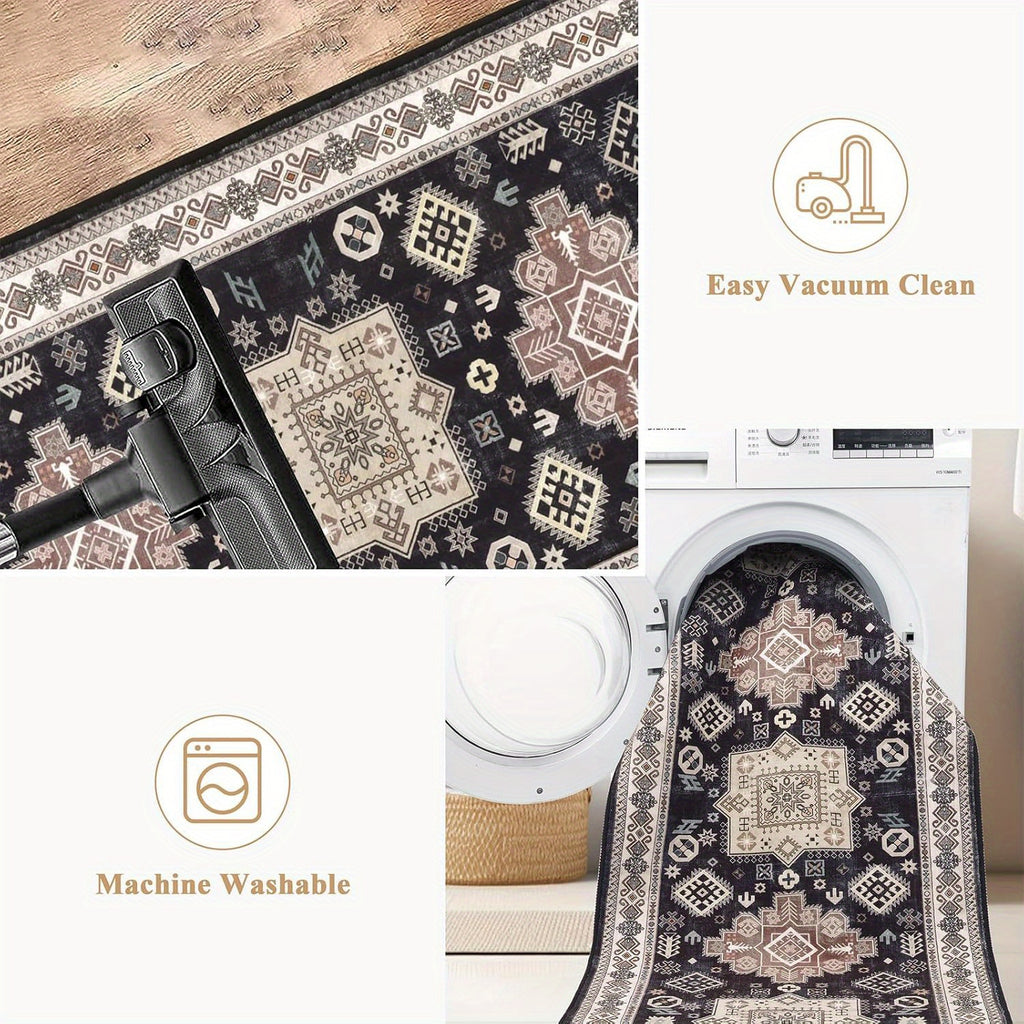 Runner Rug Washable Vintage Distressed Non-Slip Low Pile – Non-Shedding Hallway Kitchen Entryway Mat | 2 Sizes 2 Colors