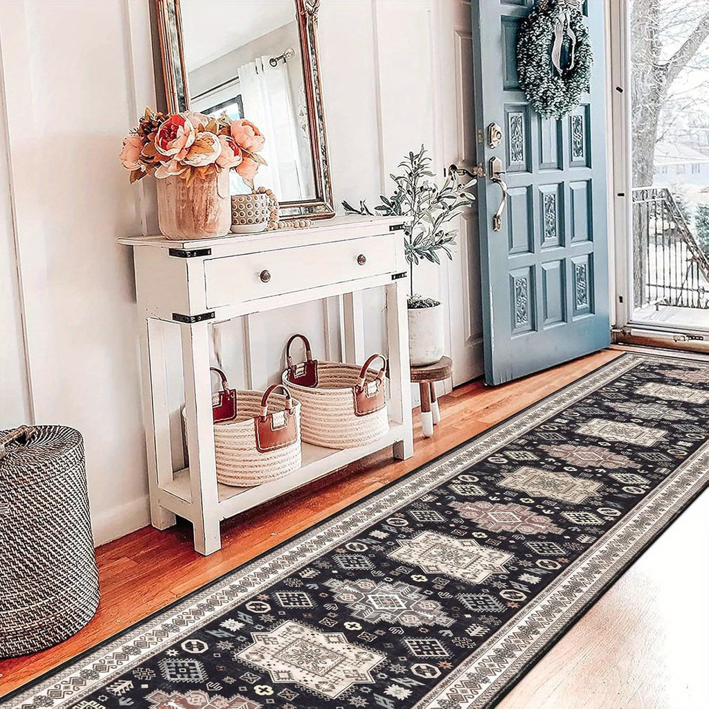 Runner Rug Washable Vintage Distressed Non-Slip Low Pile – Non-Shedding Hallway Kitchen Entryway Mat | 2 Sizes 2 Colors