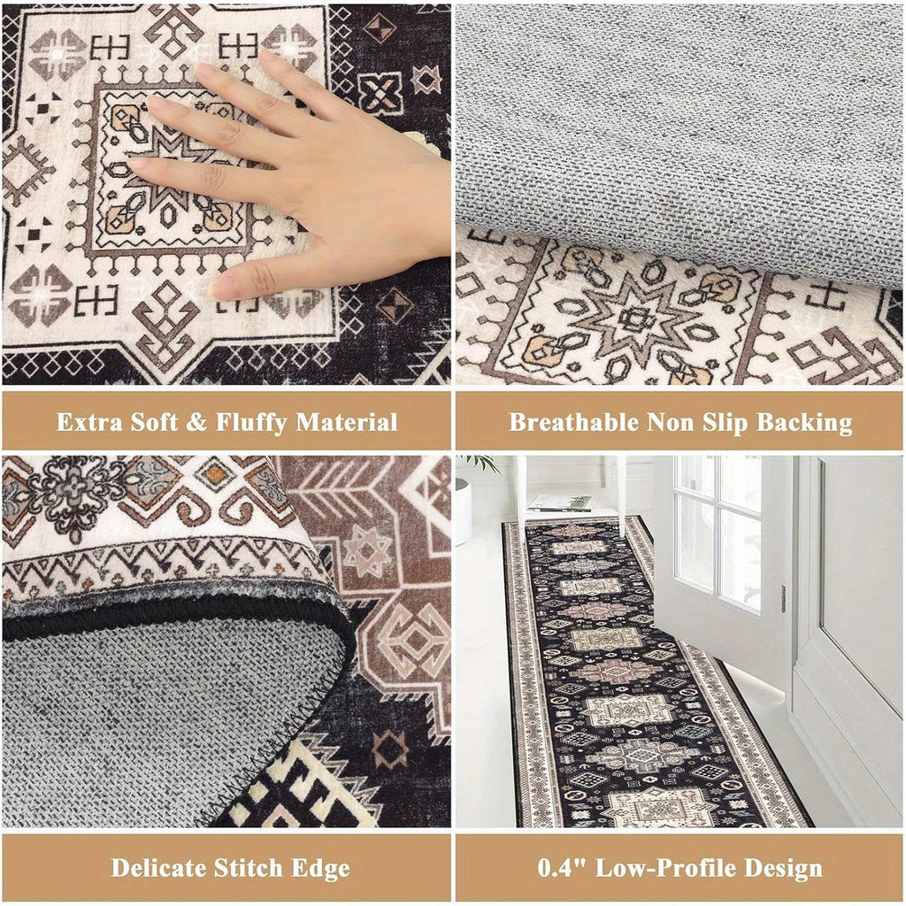 Runner Rug Washable Vintage Distressed Non-Slip Low Pile – Non-Shedding Hallway Kitchen Entryway Mat | 2 Sizes 2 Colors