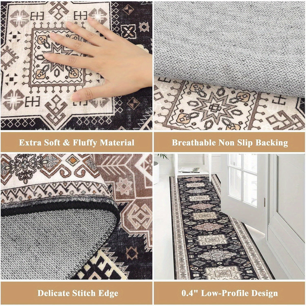 Runner Rug Washable Vintage Distressed Non-Slip Low Pile – Non-Shedding Hallway Kitchen Entryway Mat | 2 Sizes 2 Colors