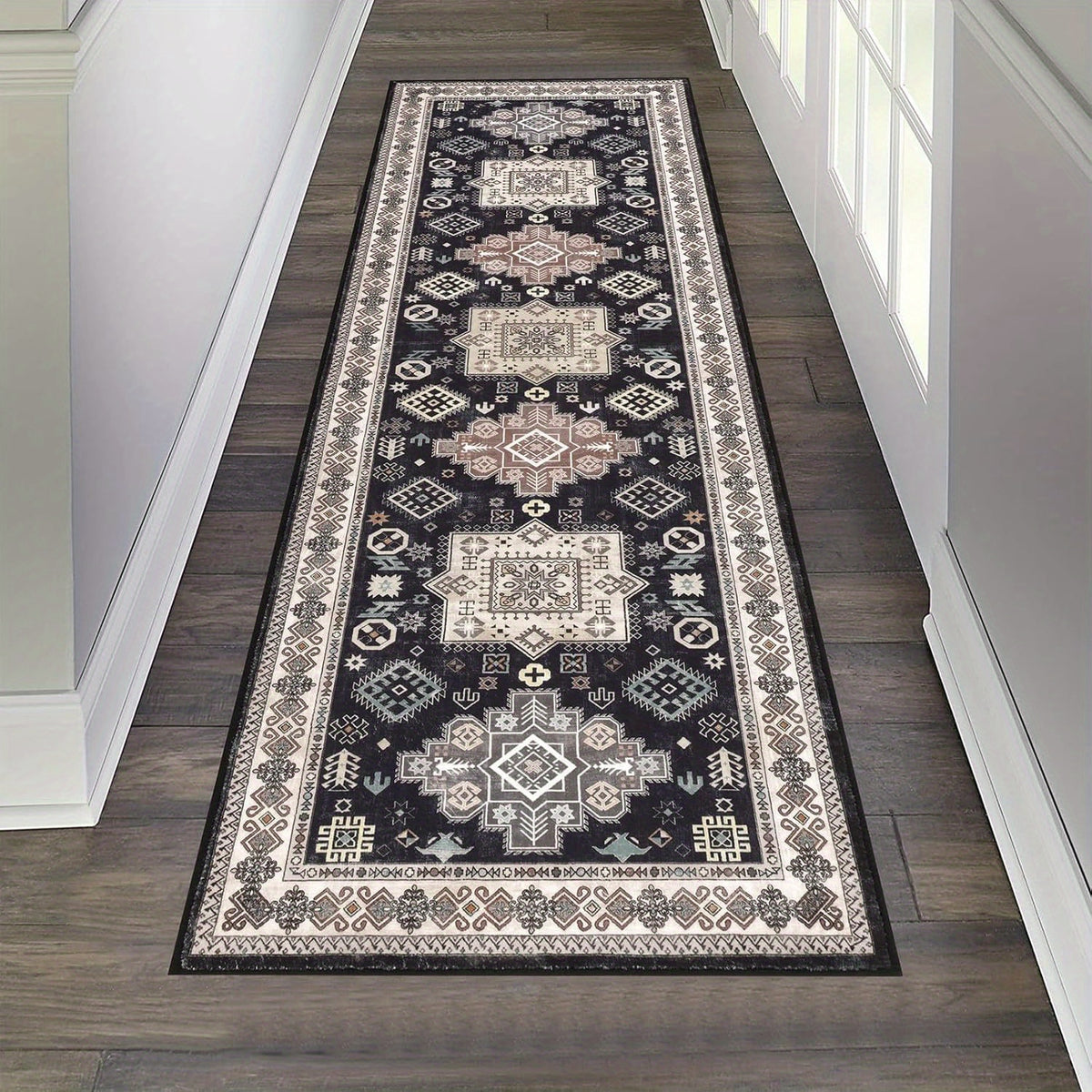 Runner Rug Washable Vintage Distressed Non-Slip Low Pile – Non-Shedding Hallway Kitchen Entryway Mat | 2 Sizes 2 Colors