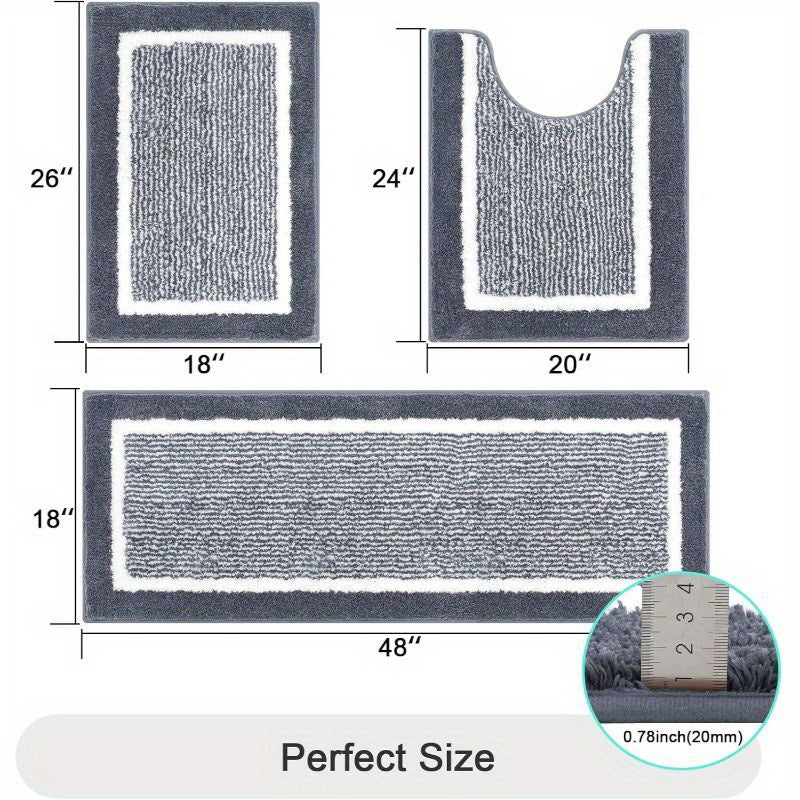 3 Piece Bathroom Rug Set Non-Slip Absorbent Microfiber Shaggy Bath Mats with U-Shaped Toilet Mat Washable Bath Rugs Dark Gray Coffee Blue Grey Black