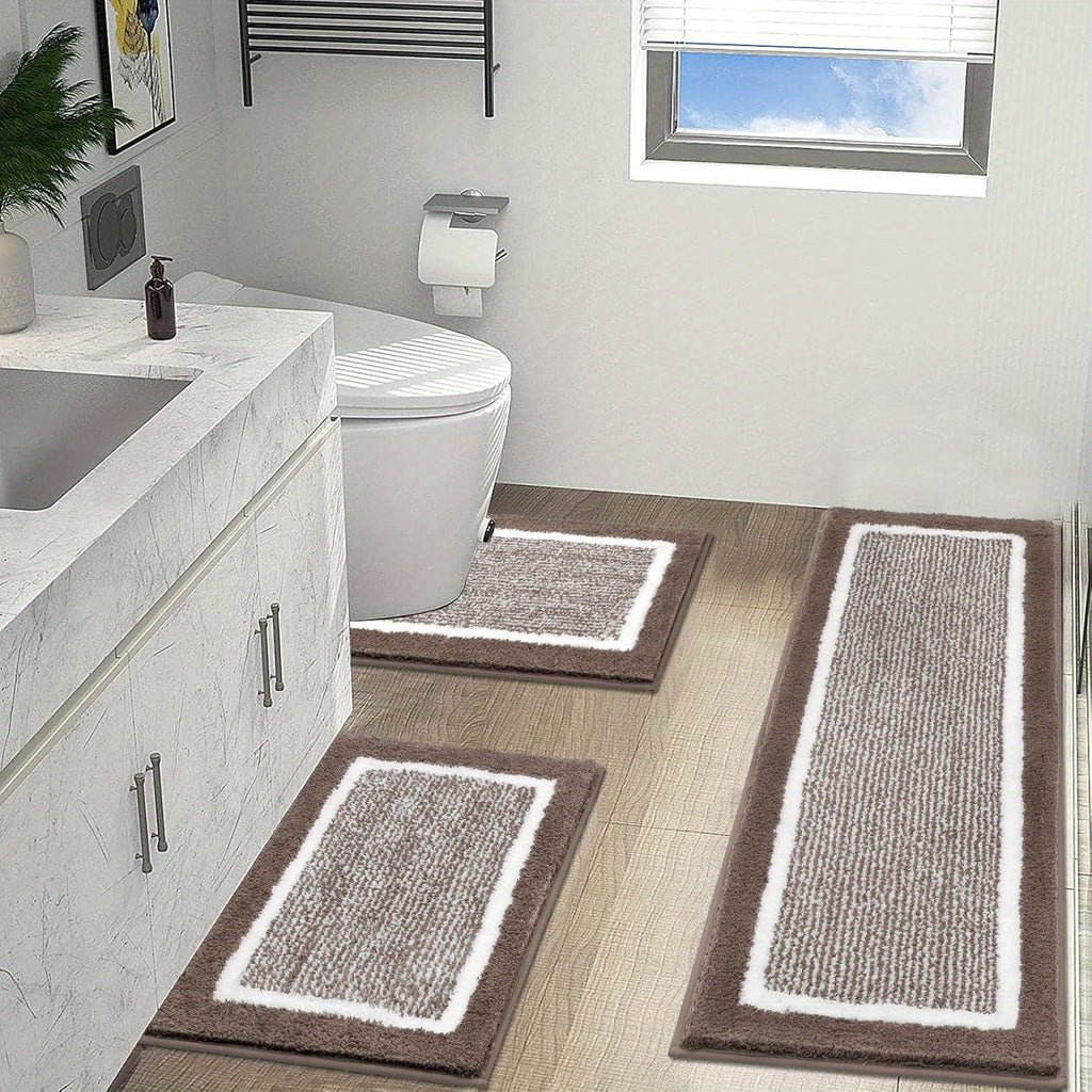 3 Piece Bathroom Rug Set Non-Slip Absorbent Microfiber Shaggy Bath Mats with U-Shaped Toilet Mat Washable Bath Rugs Dark Gray Coffee Blue Grey Black