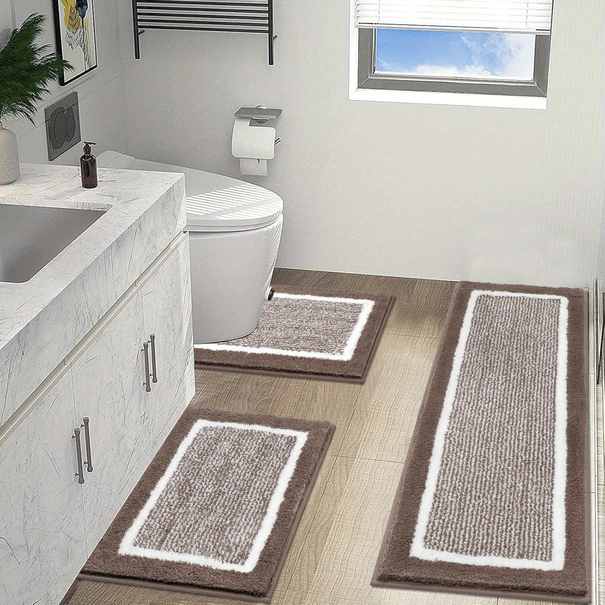 3 Piece Bathroom Rug Set Non-Slip Absorbent Microfiber Shaggy Bath Mats with U-Shaped Toilet Mat Washable Bath Rugs Dark Gray Coffee Blue Grey Black
