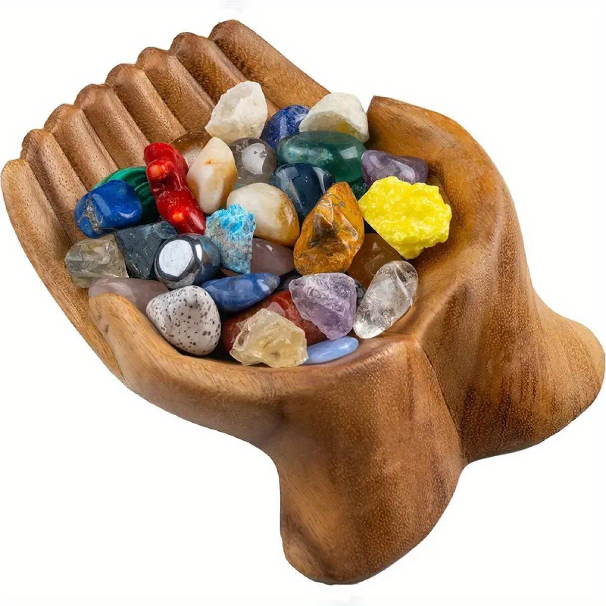 Carved Wooden Bowl Jewelry Organizer – Decorative Desktop Dish for Keys, Crystals & Trinkets, Boho Wood Display Stand