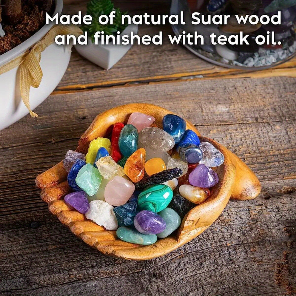 Carved Wooden Bowl Jewelry Organizer – Decorative Desktop Dish for Keys, Crystals & Trinkets, Boho Wood Display Stand
