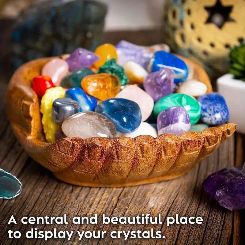 Carved Wooden Bowl Jewelry Organizer – Decorative Desktop Dish for Keys, Crystals & Trinkets, Boho Wood Display Stand