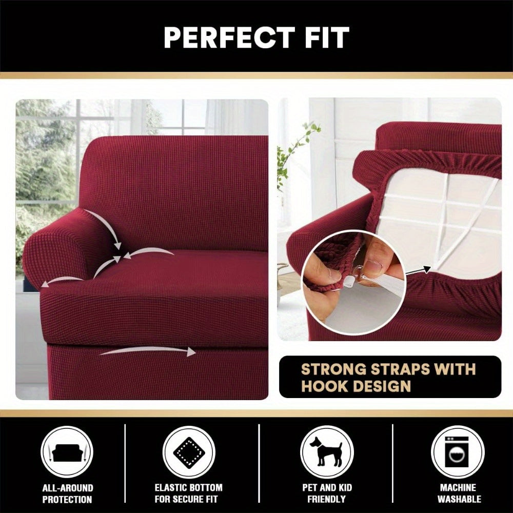 T Cushion Loveseat Slipcover 3-Piece Set, Stretch Sofa Covers for 2-Cushion Couch with 2 Individual T-Shape Seat Covers, Machine Washable Furniture Protector for Living Room, Wrinkle Free