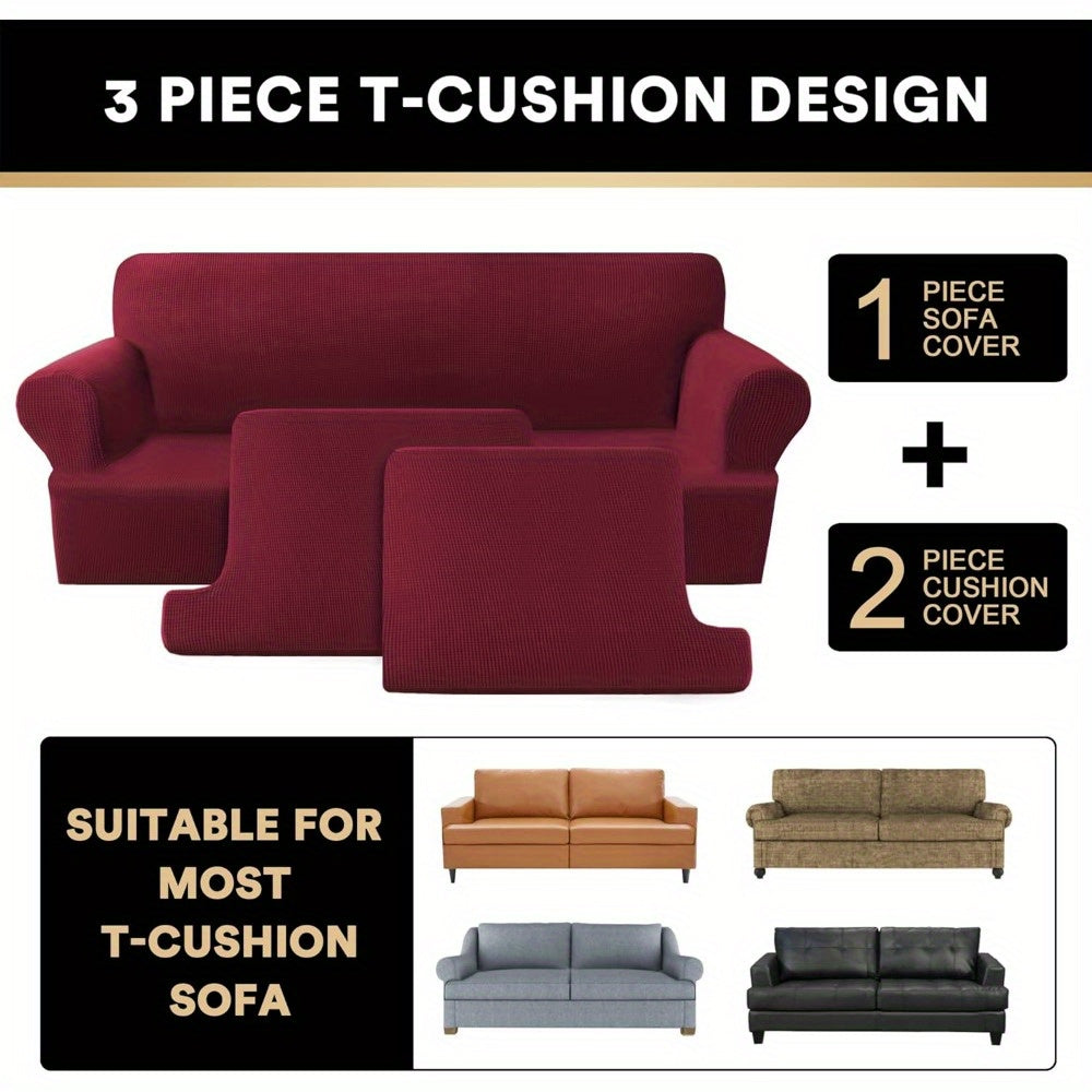 T Cushion Loveseat Slipcover 3-Piece Set, Stretch Sofa Covers for 2-Cushion Couch with 2 Individual T-Shape Seat Covers, Machine Washable Furniture Protector for Living Room, Wrinkle Free
