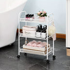 3-Tier Metal Rolling Cart with Wheels - Mesh Wire Utility Storage Trolley with 3 Hooks, Tool-Free Assembly, Rolling Shelving Unit for Kitchen, Bathroom, and Laundry Room