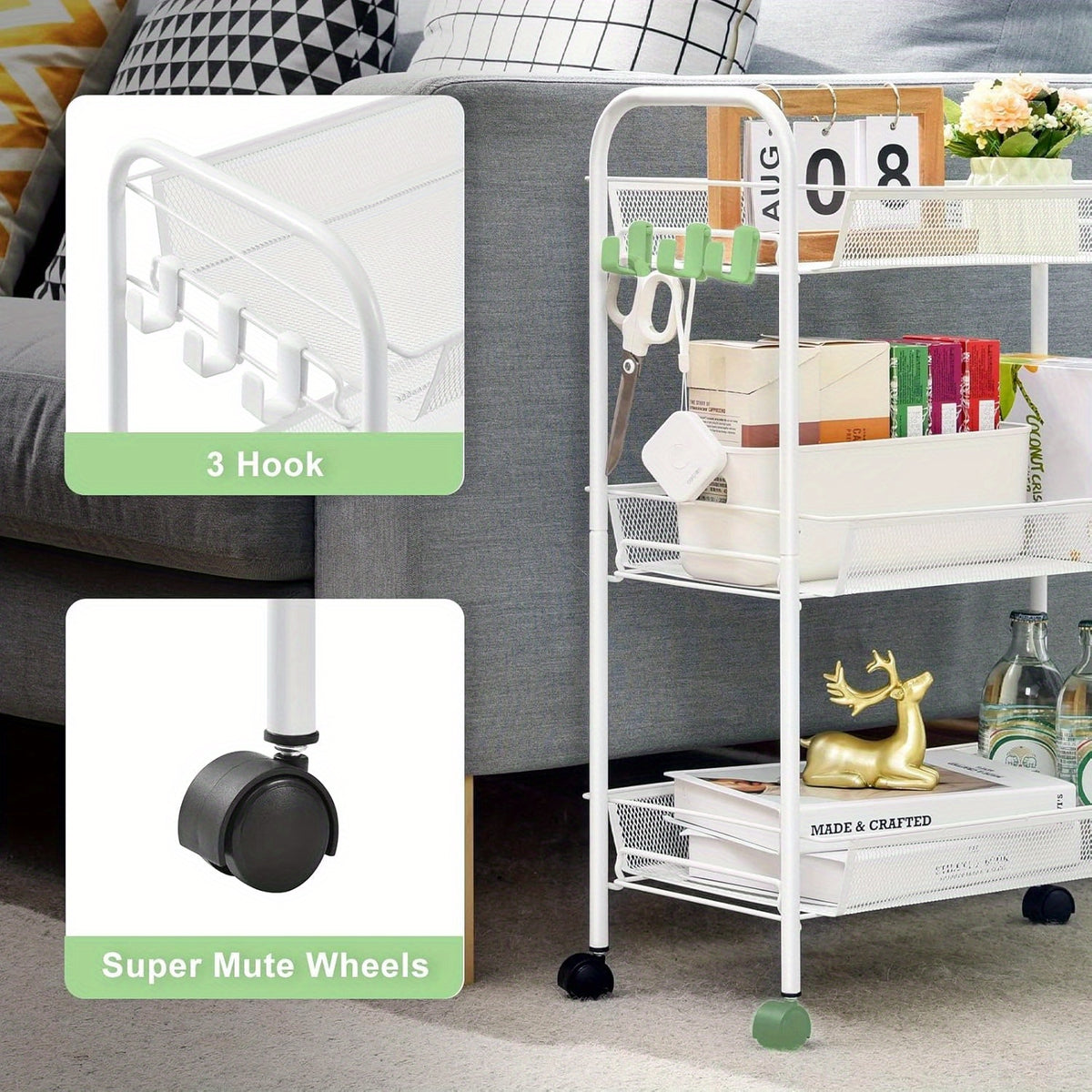 3-Tier Metal Rolling Cart with Wheels - Mesh Wire Utility Storage Trolley with 3 Hooks, Tool-Free Assembly, Rolling Shelving Unit for Kitchen, Bathroom, and Laundry Room