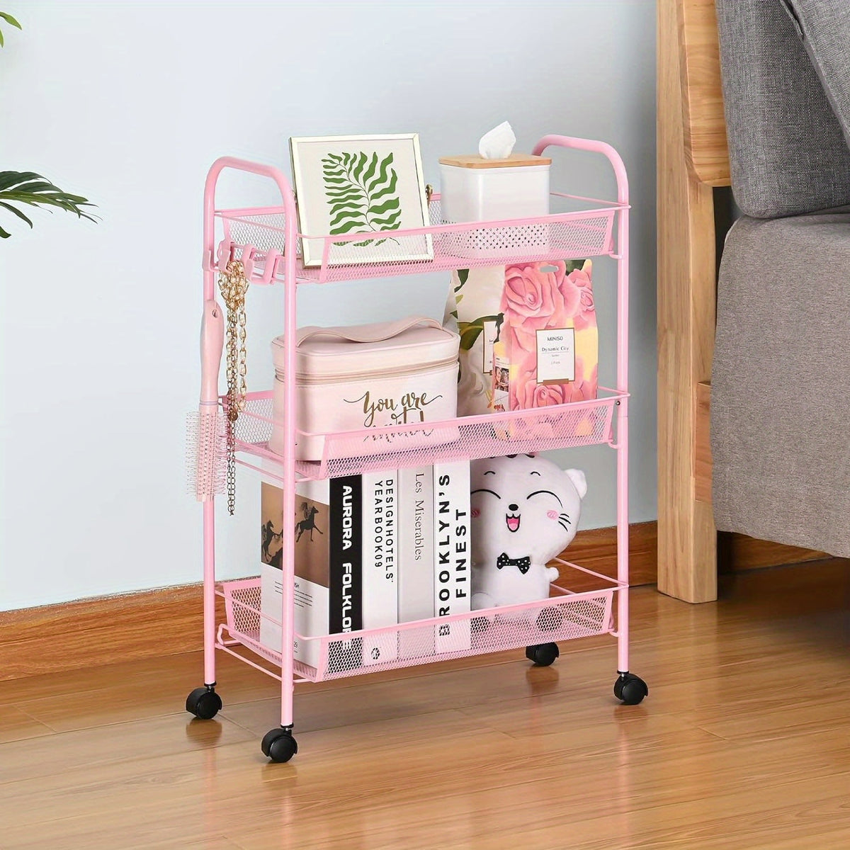 3-Tier Metal Rolling Cart with Wheels - Mesh Wire Utility Storage Trolley with 3 Hooks, Tool-Free Assembly, Rolling Shelving Unit for Kitchen, Bathroom, and Laundry Room
