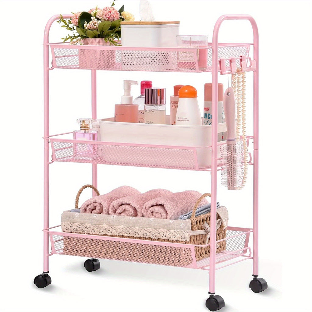 3-Tier Metal Rolling Cart with Wheels - Mesh Wire Utility Storage Trolley with 3 Hooks, Tool-Free Assembly, Rolling Shelving Unit for Kitchen, Bathroom, and Laundry Room