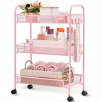 3-Tier Metal Rolling Cart with Wheels - Mesh Wire Utility Storage Trolley with 3 Hooks, Tool-Free Assembly, Rolling Shelving Unit for Kitchen, Bathroom, and Laundry Room
