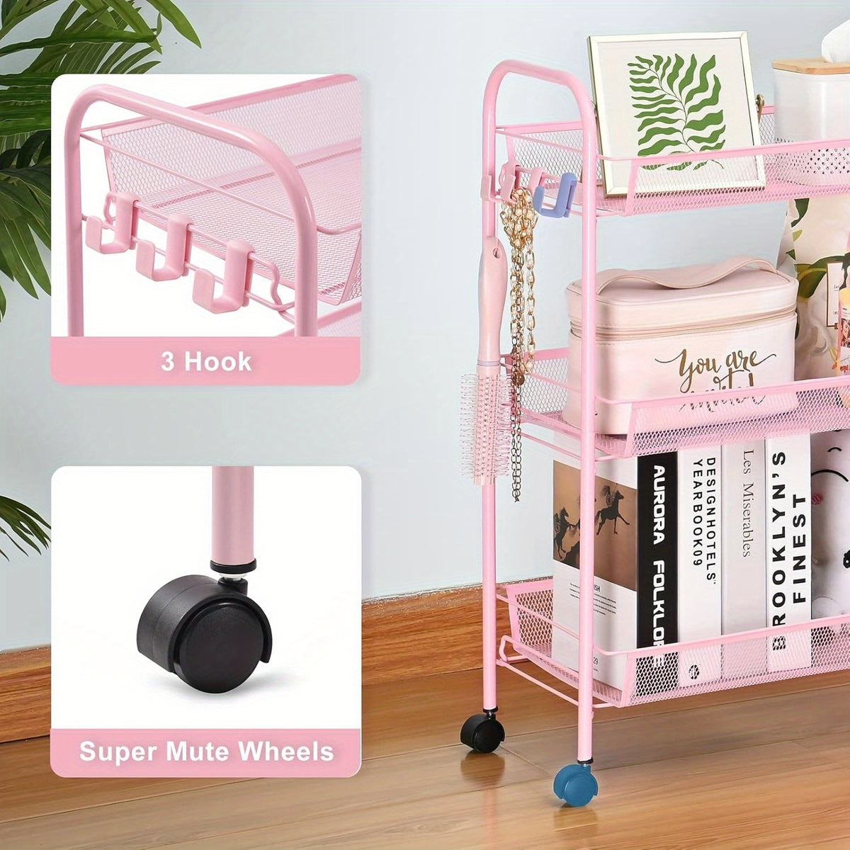 3-Tier Metal Rolling Cart with Wheels - Mesh Wire Utility Storage Trolley with 3 Hooks, Tool-Free Assembly, Rolling Shelving Unit for Kitchen, Bathroom, and Laundry Room