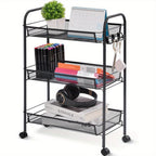 3-Tier Metal Rolling Cart with Wheels - Mesh Wire Utility Storage Trolley with 3 Hooks, Tool-Free Assembly, Rolling Shelving Unit for Kitchen, Bathroom, and Laundry Room