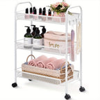 3-Tier Metal Rolling Cart with Wheels - Mesh Wire Utility Storage Trolley with 3 Hooks, Tool-Free Assembly, Rolling Shelving Unit for Kitchen, Bathroom, and Laundry Room