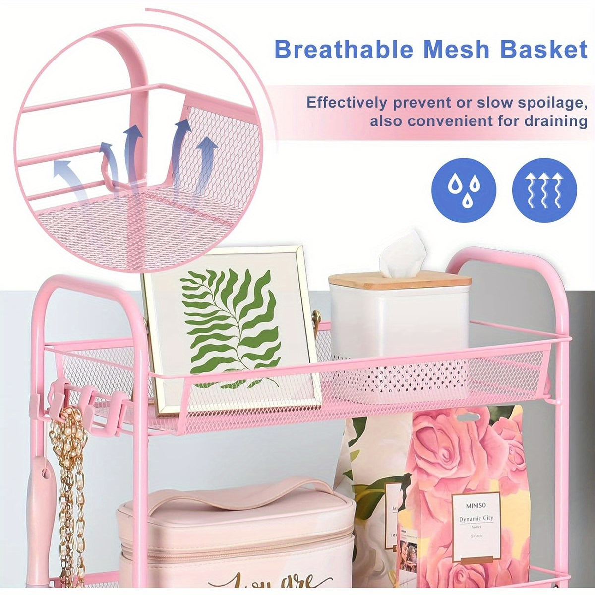 3-Tier Metal Rolling Cart with Wheels - Mesh Wire Utility Storage Trolley with 3 Hooks, Tool-Free Assembly, Rolling Shelving Unit for Kitchen, Bathroom, and Laundry Room