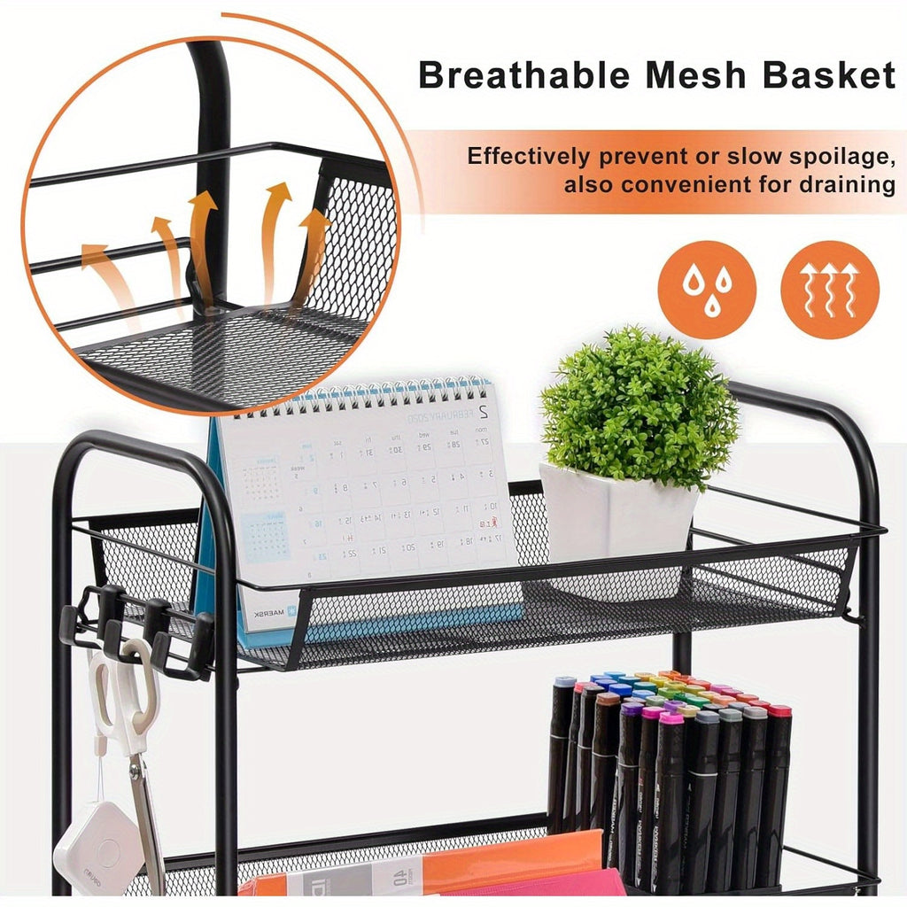 3-Tier Metal Rolling Cart with Wheels - Mesh Wire Utility Storage Trolley with 3 Hooks, Tool-Free Assembly, Rolling Shelving Unit for Kitchen, Bathroom, and Laundry Room