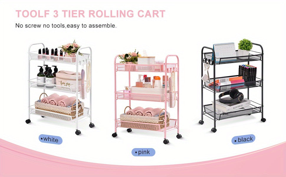 3-Tier Metal Rolling Cart with Wheels - Mesh Wire Utility Storage Trolley with 3 Hooks, Tool-Free Assembly, Rolling Shelving Unit for Kitchen, Bathroom, and Laundry Room