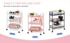 3-Tier Metal Rolling Cart with Wheels - Mesh Wire Utility Storage Trolley with 3 Hooks, Tool-Free Assembly, Rolling Shelving Unit for Kitchen, Bathroom, and Laundry Room