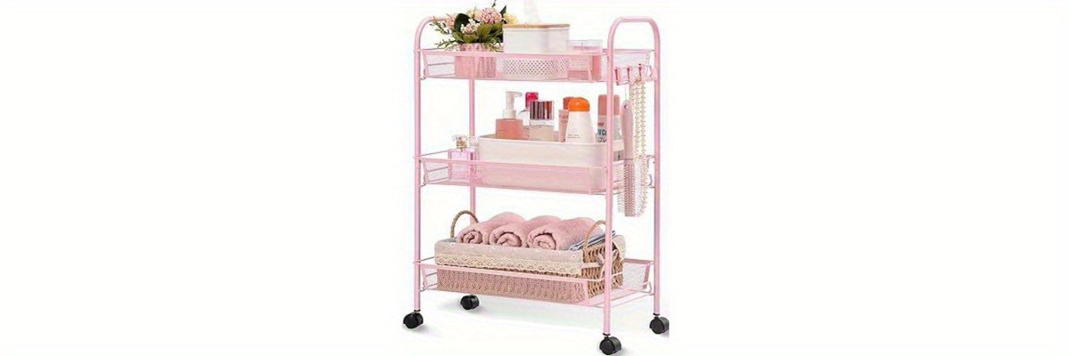 3-Tier Metal Rolling Cart with Wheels - Mesh Wire Utility Storage Trolley with 3 Hooks, Tool-Free Assembly, Rolling Shelving Unit for Kitchen, Bathroom, and Laundry Room