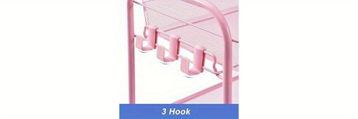 3-Tier Metal Rolling Cart with Wheels - Mesh Wire Utility Storage Trolley with 3 Hooks, Tool-Free Assembly, Rolling Shelving Unit for Kitchen, Bathroom, and Laundry Room