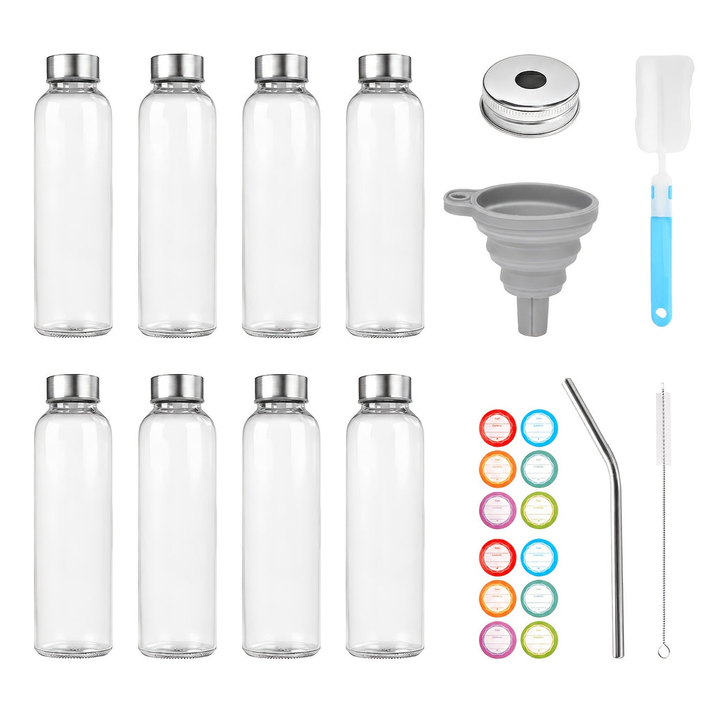 18oz Glass Juice Bottles with Stainless Steel Lid – Leakproof Reusable Clear Bottles for Juice, Beverage, Fridge & Travel | 6-Pack & 8-Pack