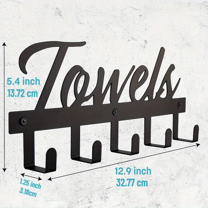Wall-Mounted Bathroom Towel Rack with 5 Hooks, Farmhouse Style Rust-Resistant Metal – Space-Saving Towel Holder for Towels, Robes & Washcloths, Black