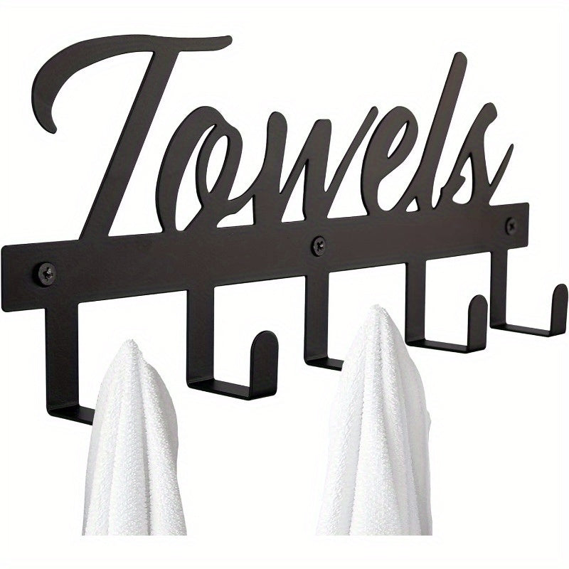 Wall-Mounted Bathroom Towel Rack with 5 Hooks, Farmhouse Style Rust-Resistant Metal – Space-Saving Towel Holder for Towels, Robes & Washcloths, Black