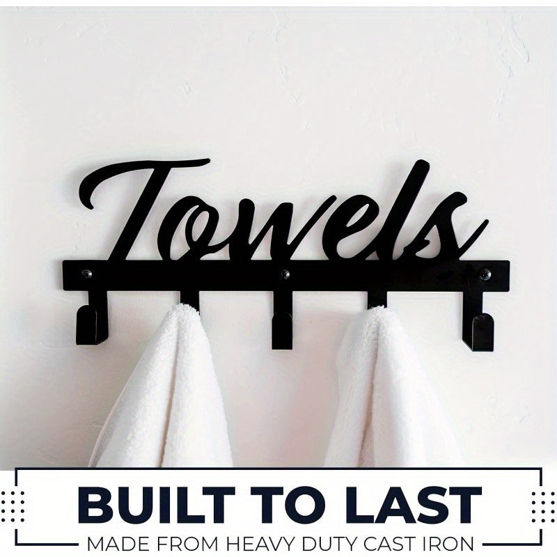 Wall-Mounted Bathroom Towel Rack with 5 Hooks, Farmhouse Style Rust-Resistant Metal – Space-Saving Towel Holder for Towels, Robes & Washcloths, Black