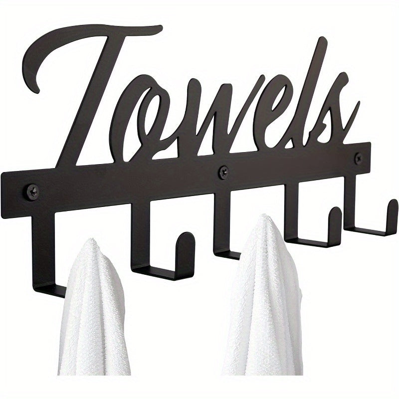 Wall-Mounted Bathroom Towel Rack with 5 Hooks, Farmhouse Style Rust-Resistant Metal – Space-Saving Towel Holder for Towels, Robes & Washcloths, Black