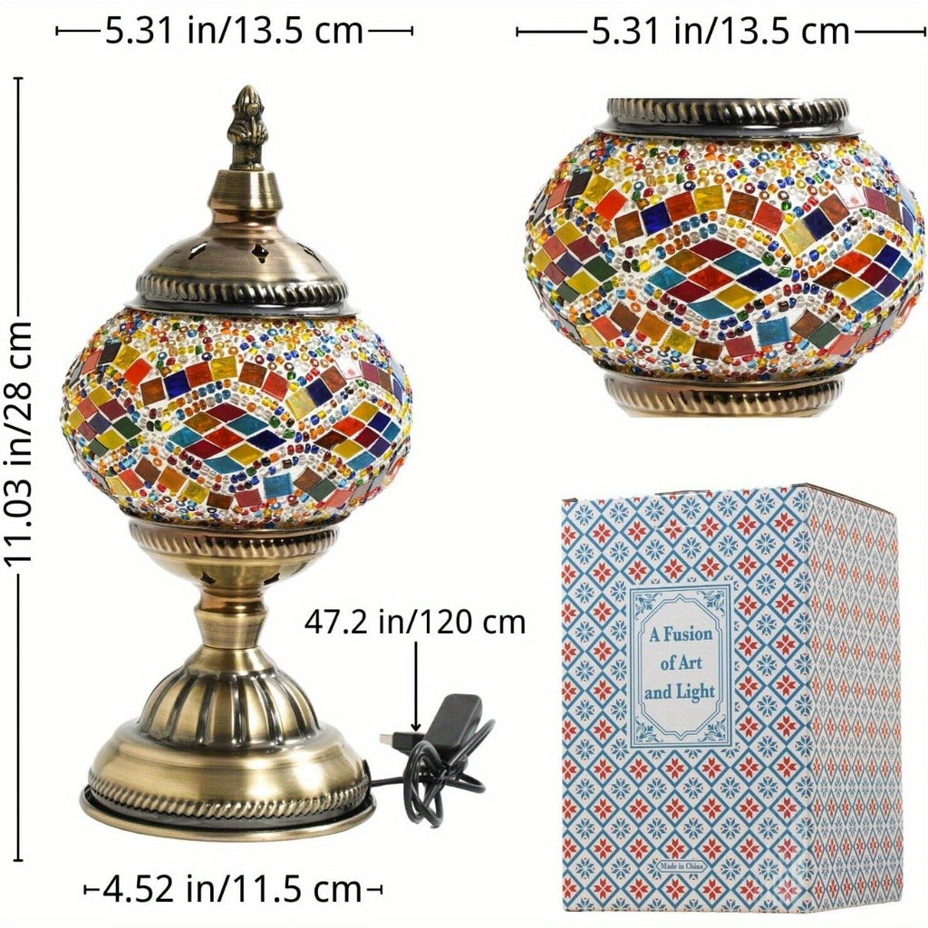 Handmade Turkish Mosaic Table Lamp 3-Color Dimming Glass Bedside Lamp with Metal Base - USB Powered Boho Decorative Light for Bedroom Living Room - Bulb Included, Ready to Use