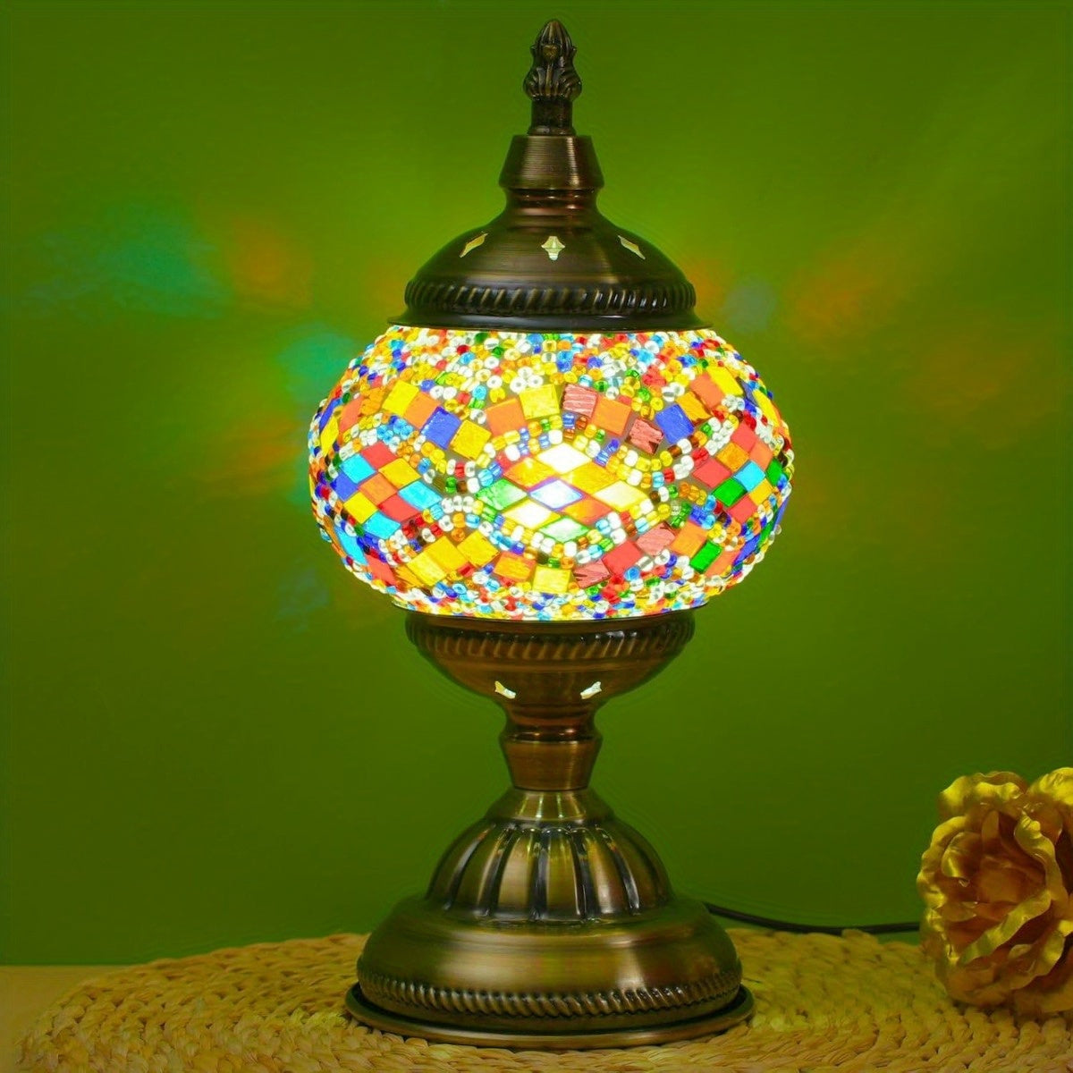 Handmade Turkish Mosaic Table Lamp 3-Color Dimming Glass Bedside Lamp with Metal Base - USB Powered Boho Decorative Light for Bedroom Living Room - Bulb Included, Ready to Use