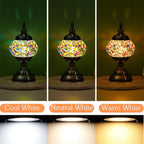 Handmade Turkish Mosaic Table Lamp 3-Color Dimming Glass Bedside Lamp with Metal Base - USB Powered Boho Decorative Light for Bedroom Living Room - Bulb Included, Ready to Use