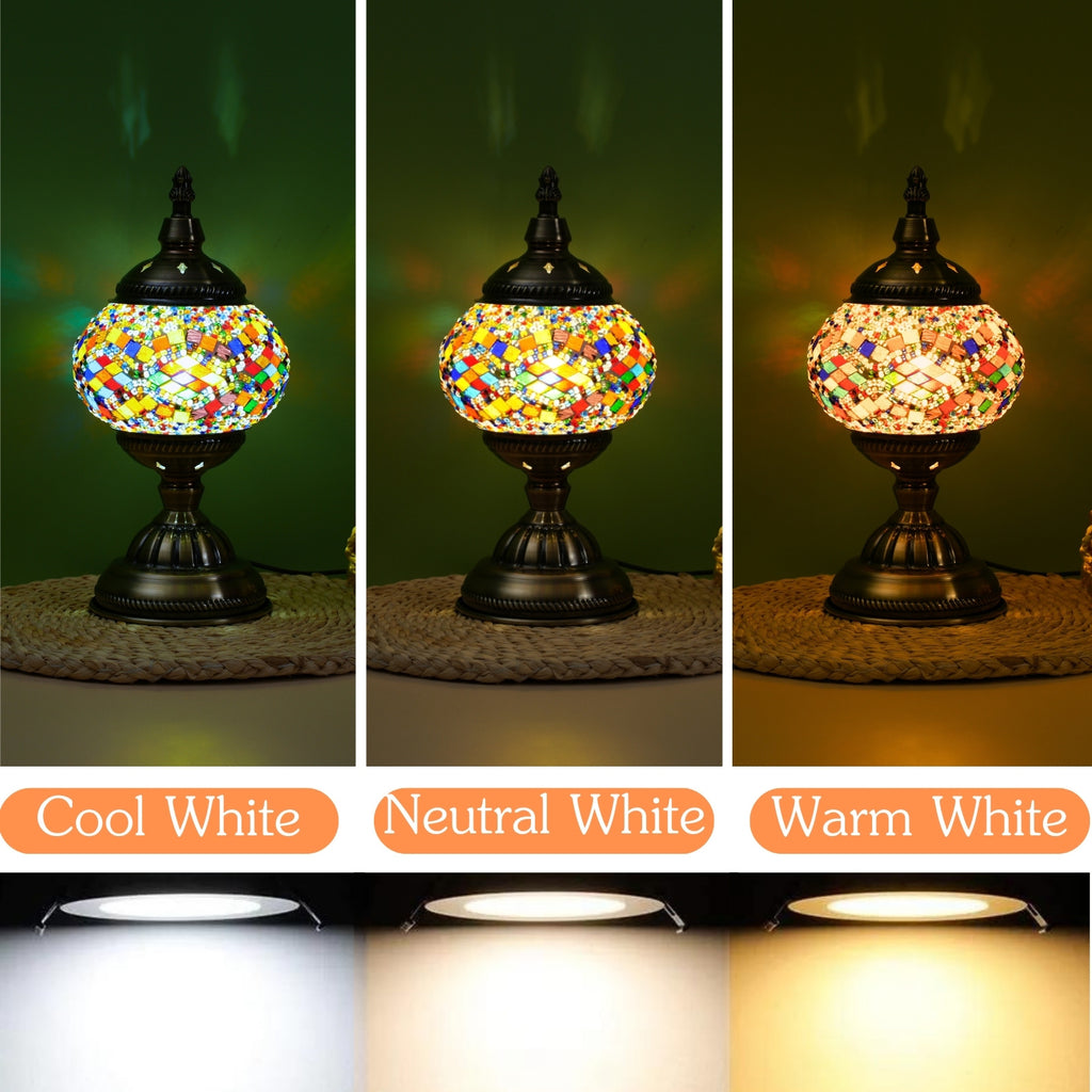 Handmade Turkish Mosaic Table Lamp 3-Color Dimming Glass Bedside Lamp with Metal Base - USB Powered Boho Decorative Light for Bedroom Living Room - Bulb Included, Ready to Use