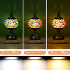 Handmade Turkish Mosaic Table Lamp 3-Color Dimming Glass Bedside Lamp with Metal Base - USB Powered Boho Decorative Light for Bedroom Living Room - Bulb Included, Ready to Use