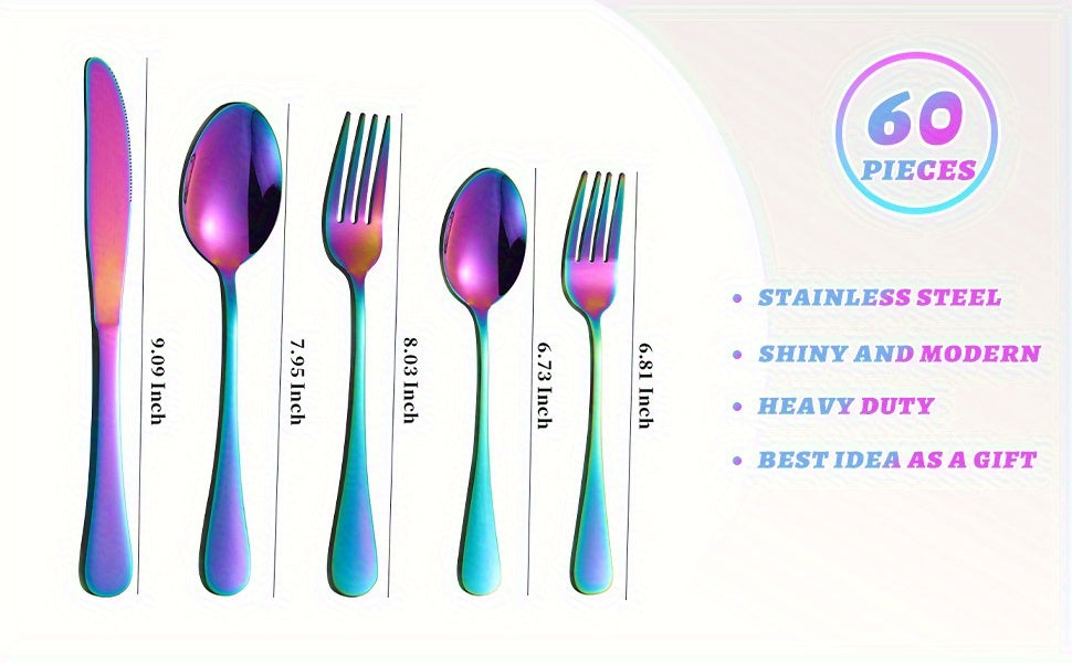 60-Piece Rainbow Titanium Flatware Set for 12 – Mirror Polished 304 Stainless Steel Cutlery with Knives, Forks & Spoons – Dishwasher Safe, Vibrant Colors – Gift for Thanksgiving & Christmas