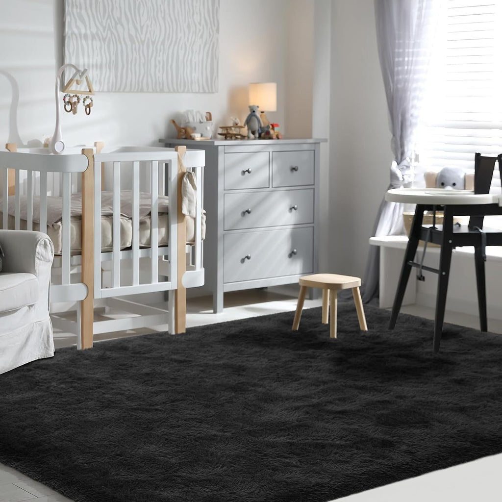 Black Ultra-Soft Fluffy Area Rug – High-Pile Non-Slip Velvet Carpet for Living Room, Bedroom & Playroom | 3x5 to 8x10 Ft