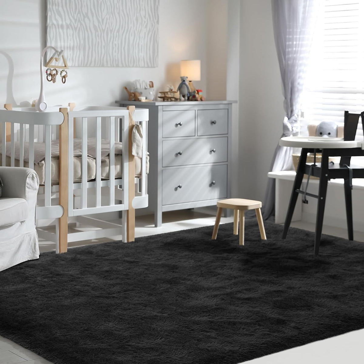Black Ultra-Soft Fluffy Area Rug – High-Pile Non-Slip Velvet Carpet for Living Room, Bedroom & Playroom | 3x5 to 8x10 Ft
