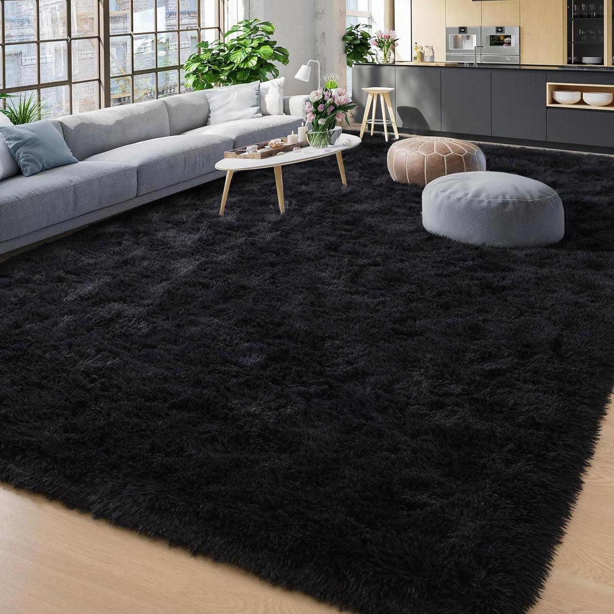 Black Ultra-Soft Fluffy Area Rug – High-Pile Non-Slip Velvet Carpet for Living Room, Bedroom & Playroom | 3x5 to 8x10 Ft