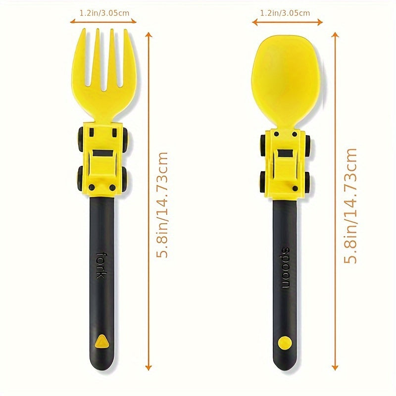 Kids Cartoon Fork & Spoon Set – Colorful Easy-Grip Toddler Utensils for Self-Feeding | Fun Racing Design | BPA-Free Plastic Handle | 6 Colors | Easter & Birthday Gift