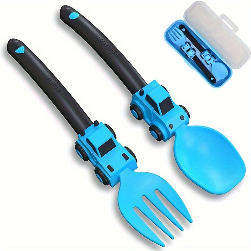 Kids Cartoon Fork & Spoon Set – Colorful Easy-Grip Toddler Utensils for Self-Feeding | Fun Racing Design | BPA-Free Plastic Handle | 6 Colors | Easter & Birthday Gift
