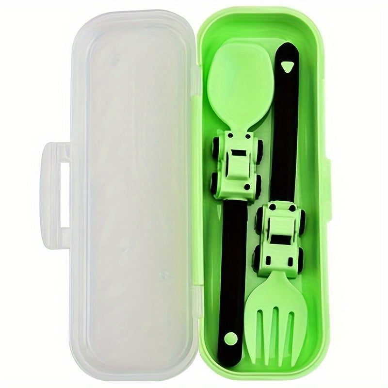 Kids Cartoon Fork & Spoon Set – Colorful Easy-Grip Toddler Utensils for Self-Feeding | Fun Racing Design | BPA-Free Plastic Handle | 6 Colors | Easter & Birthday Gift
