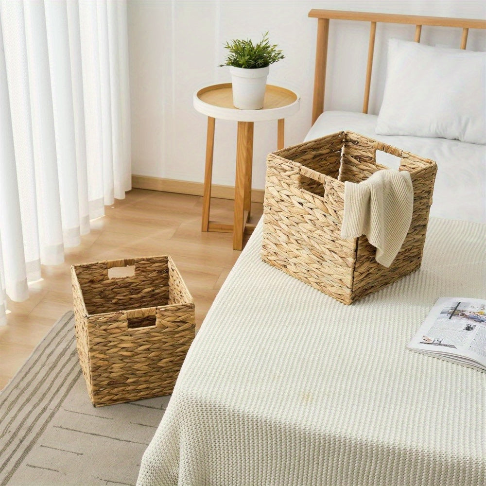 Water Hyacinth Wicker Storage Basket Set 2 or 4 Pack Square Woven Rattan Baskets for Shelves Towels Magazines Kitchen Organization Natural Boho Shelf Bin