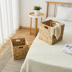 Water Hyacinth Wicker Storage Basket Set 2 or 4 Pack Square Woven Rattan Baskets for Shelves Towels Magazines Kitchen Organization Natural Boho Shelf Bin