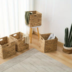 Water Hyacinth Wicker Storage Basket Set 2 or 4 Pack Square Woven Rattan Baskets for Shelves Towels Magazines Kitchen Organization Natural Boho Shelf Bin