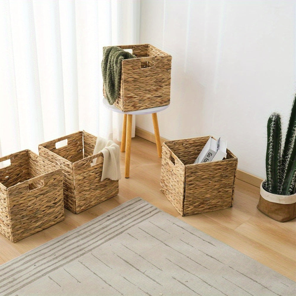Water Hyacinth Wicker Storage Basket Set 2 or 4 Pack Square Woven Rattan Baskets for Shelves Towels Magazines Kitchen Organization Natural Boho Shelf Bin