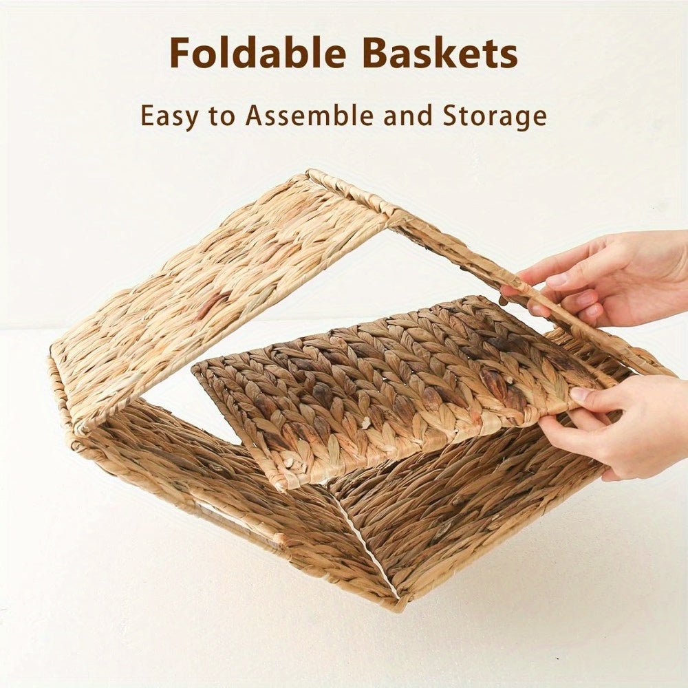 Water Hyacinth Wicker Storage Basket Set 2 or 4 Pack Square Woven Rattan Baskets for Shelves Towels Magazines Kitchen Organization Natural Boho Shelf Bin