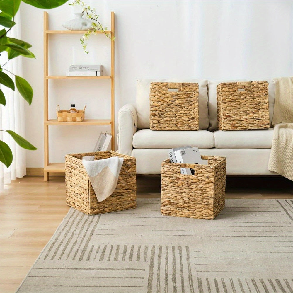Water Hyacinth Wicker Storage Basket Set 2 or 4 Pack Square Woven Rattan Baskets for Shelves Towels Magazines Kitchen Organization Natural Boho Shelf Bin